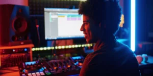 Chico-DJ-y-Productor-musical-pinchando-y-produciendo-estudio-sonido-controladora-Dj-teclado-midi-00006