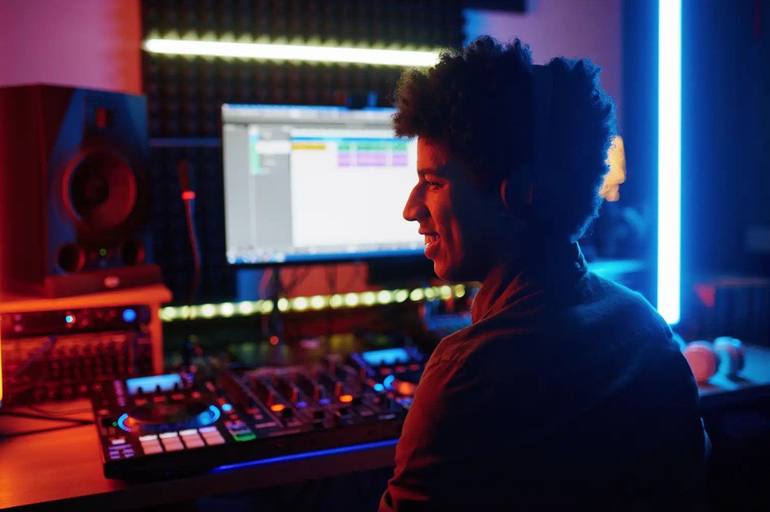 Chico DJ y Productor musical produciendo musica con loops en un estudio