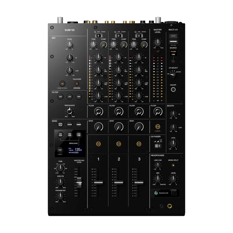 Mesa de mezclas AlphaTheta DJM-V5: vista superior de los canales y controles