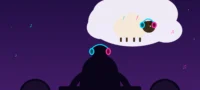 Ilustración de un DJ en cabina nocturna soñando con una oveja con auriculares dentro de una nube de pensamiento