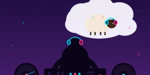 Ilustración de un DJ en cabina nocturna soñando con una oveja con auriculares dentro de una nube de pensamiento