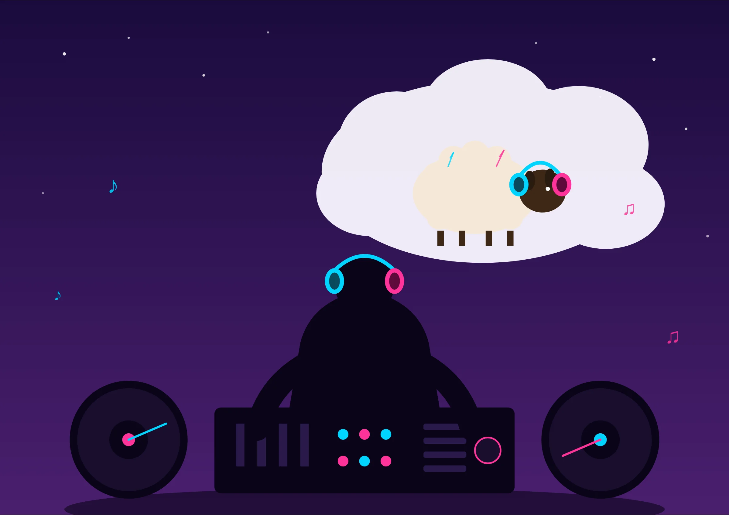 Ilustración de un DJ en cabina nocturna soñando con una oveja con auriculares dentro de una nube de pensamiento
