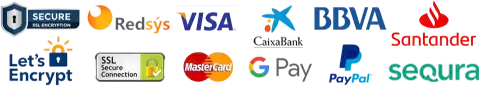 Pago seguro garantizado: Redsys, Visa, Mastercard, BBVA, CaixaBank, Santander, seQura y PayPal