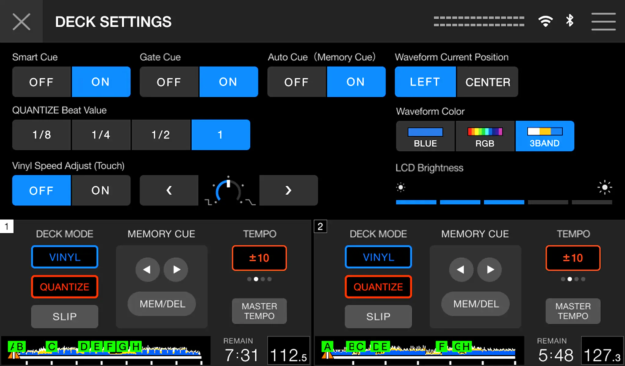 Pantalla Deck Settings de ajustes del reproductor en el AlphaTheta XDJAN