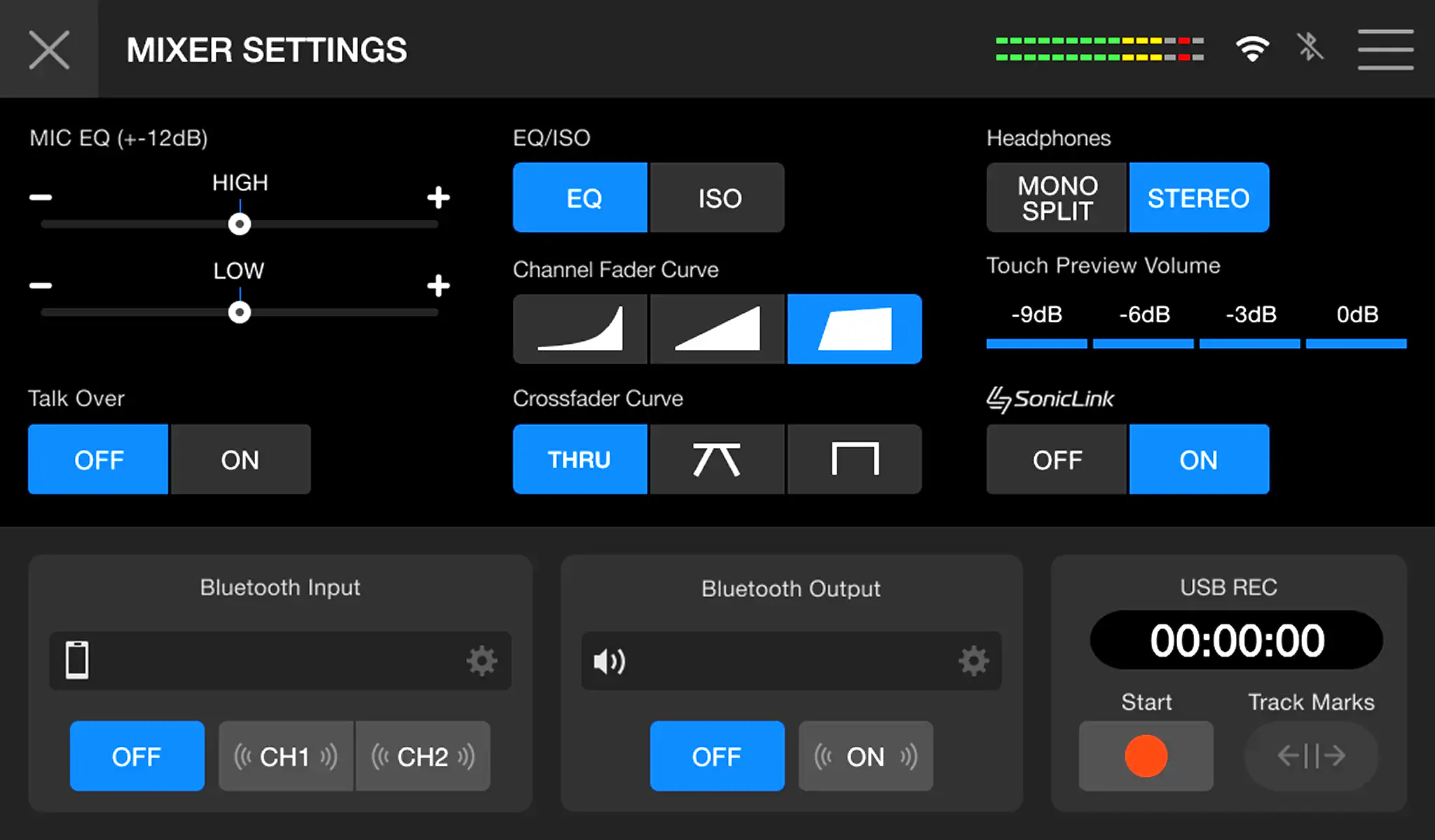 Pantalla Mixer Settings de ajustes del mezclador en el AlphaTheta XDJAN
