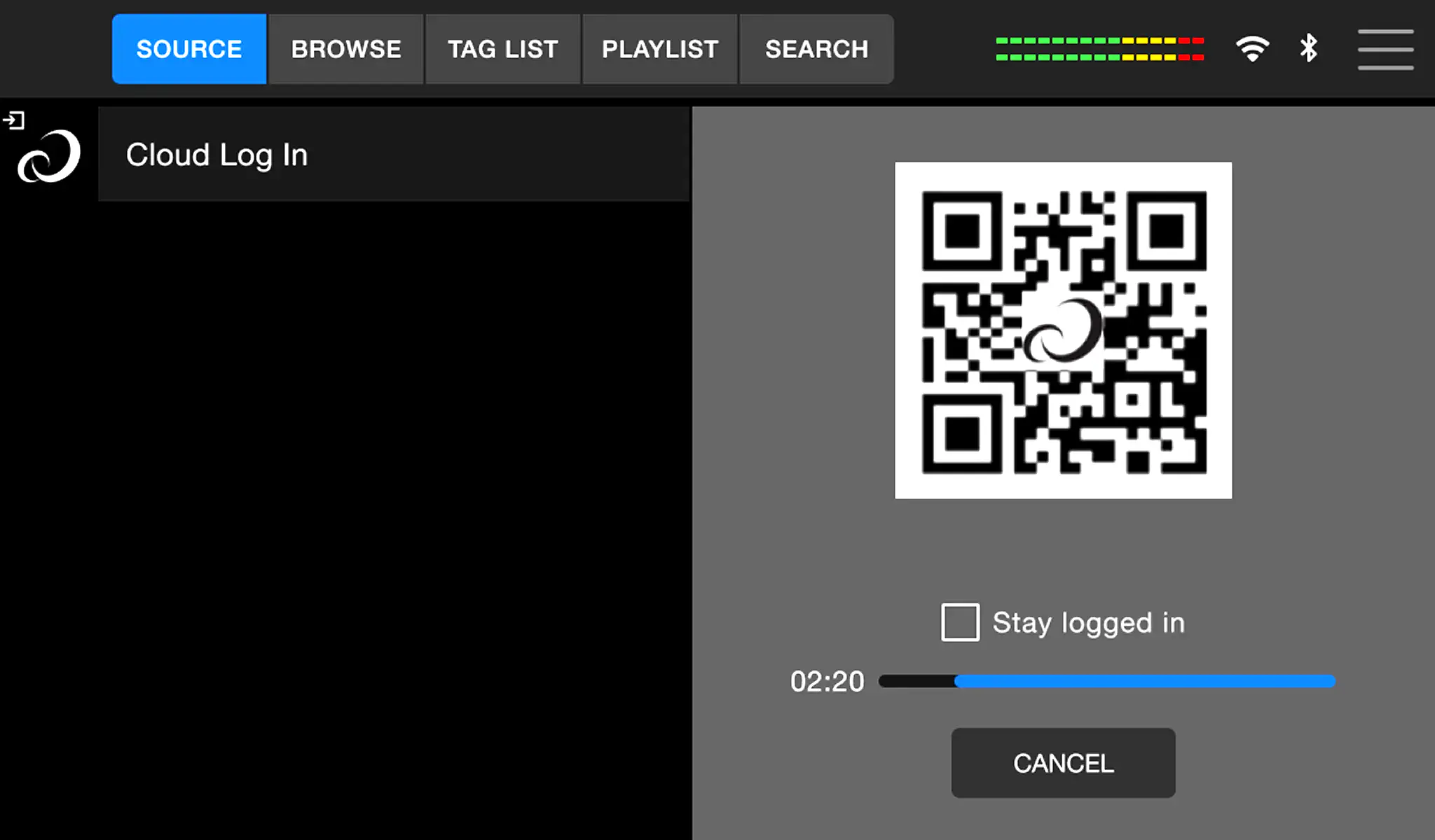 Pantalla de acceso con código QR para iniciar sesión en la nube en el AlphaTheta XDJAN