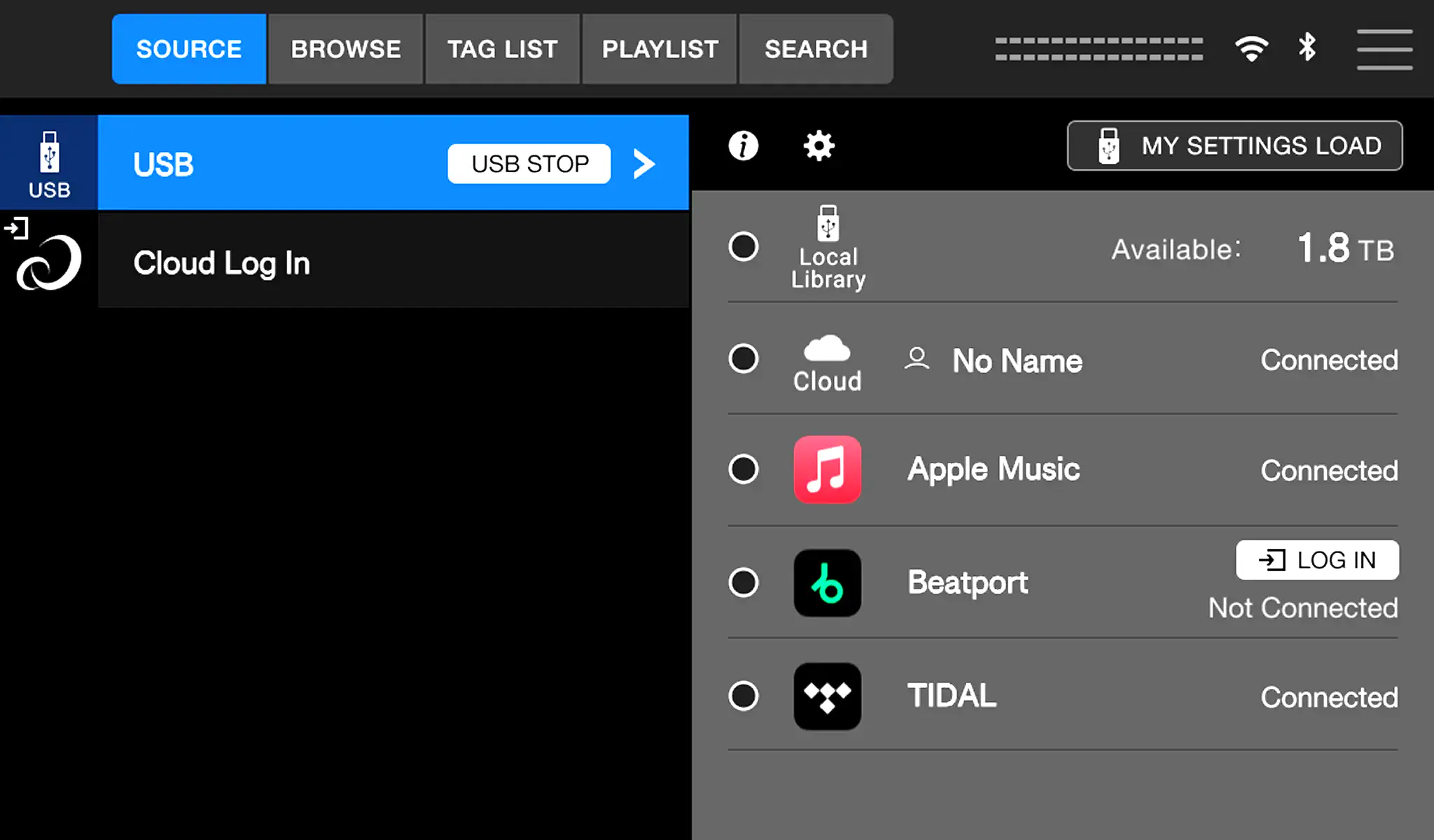 Pantalla de fuentes de música del AlphaTheta XDJAN: USB, streaming y nube