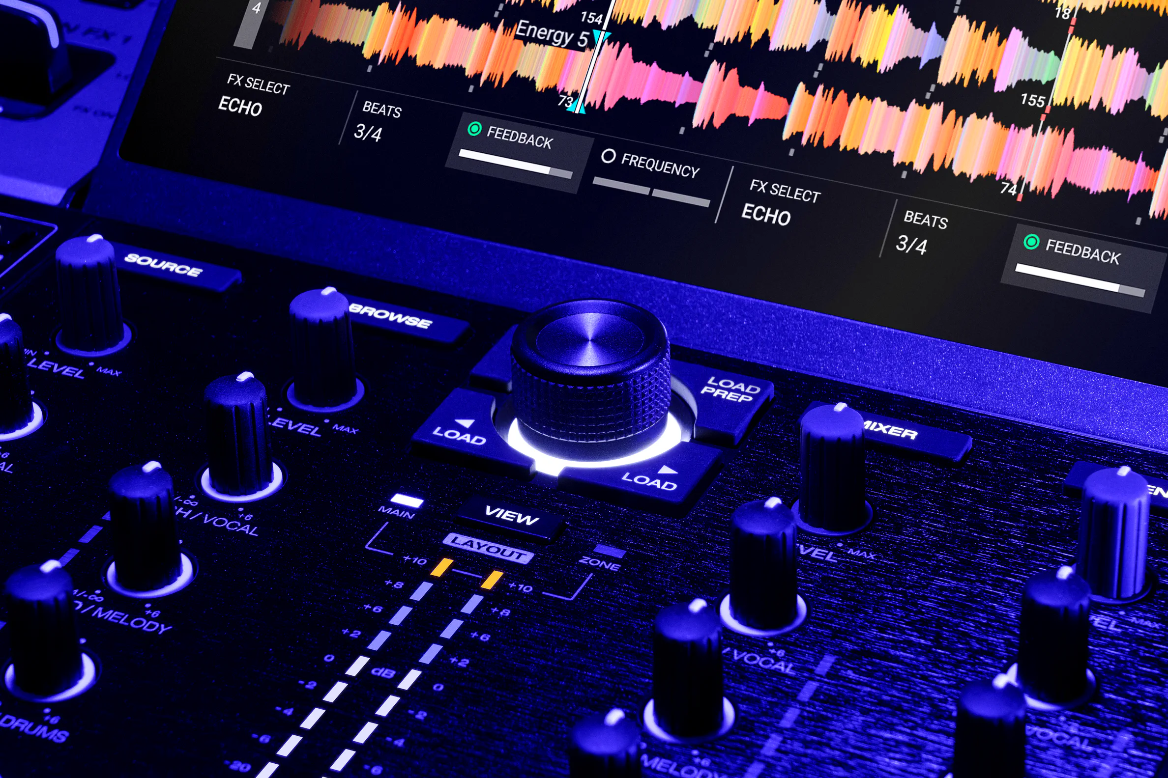 Pantalla y sección de mezcla de la Denon DJ PRIME 4 G2